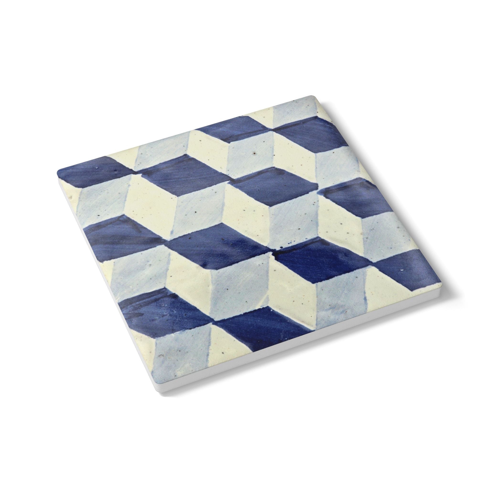 Keramikuntersetzer mit Korkrückseite – Azulejo-Motiv "Würfelmuster"