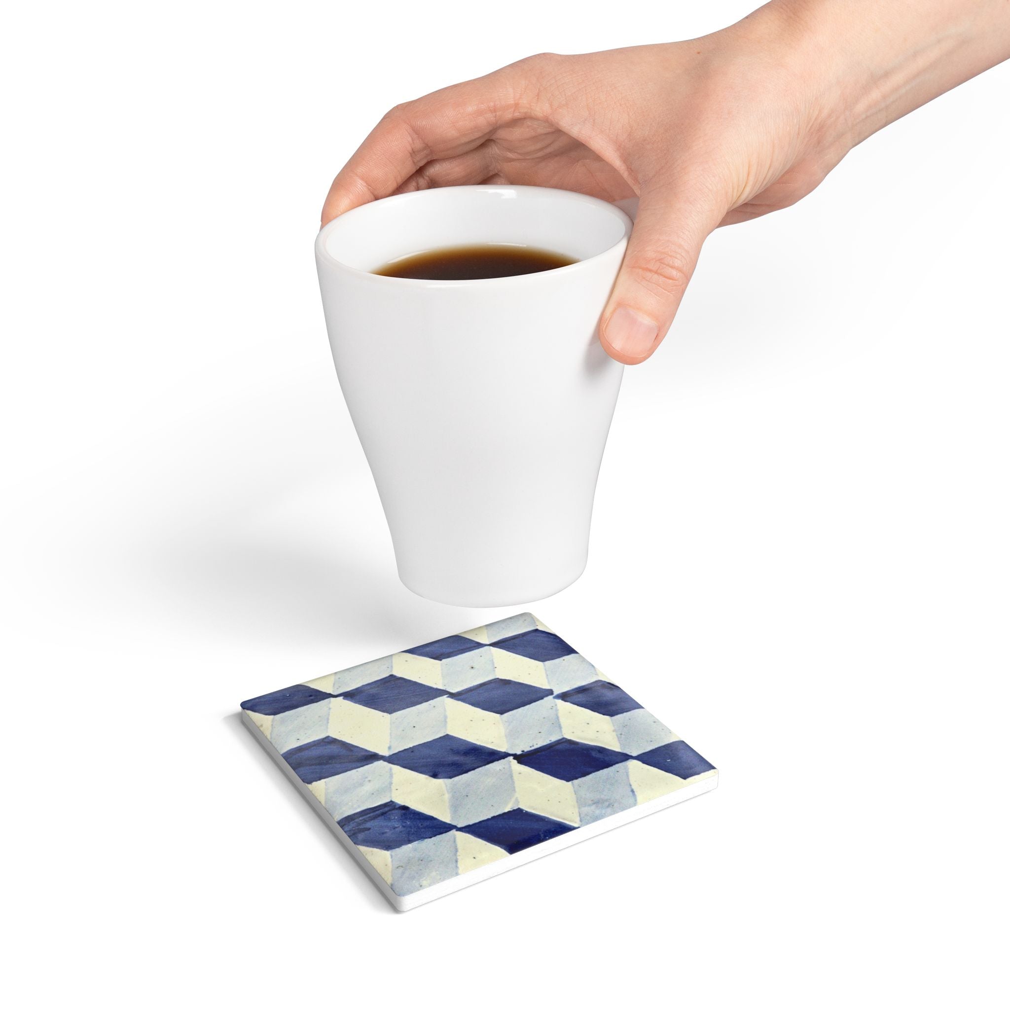 Keramikuntersetzer mit Korkrückseite – Azulejo-Motiv "Würfelmuster"