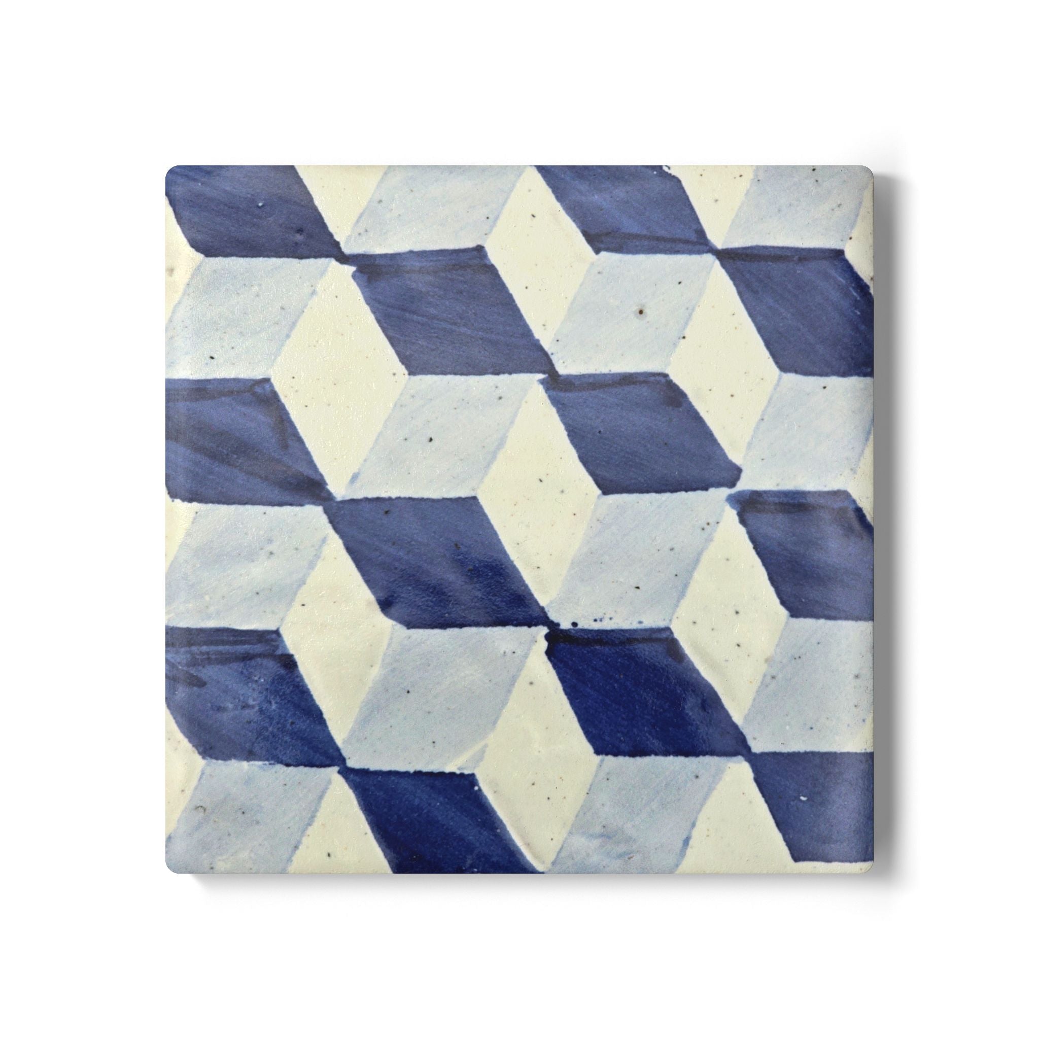 Keramikuntersetzer mit Korkrückseite – Azulejo-Motiv "Würfelmuster"