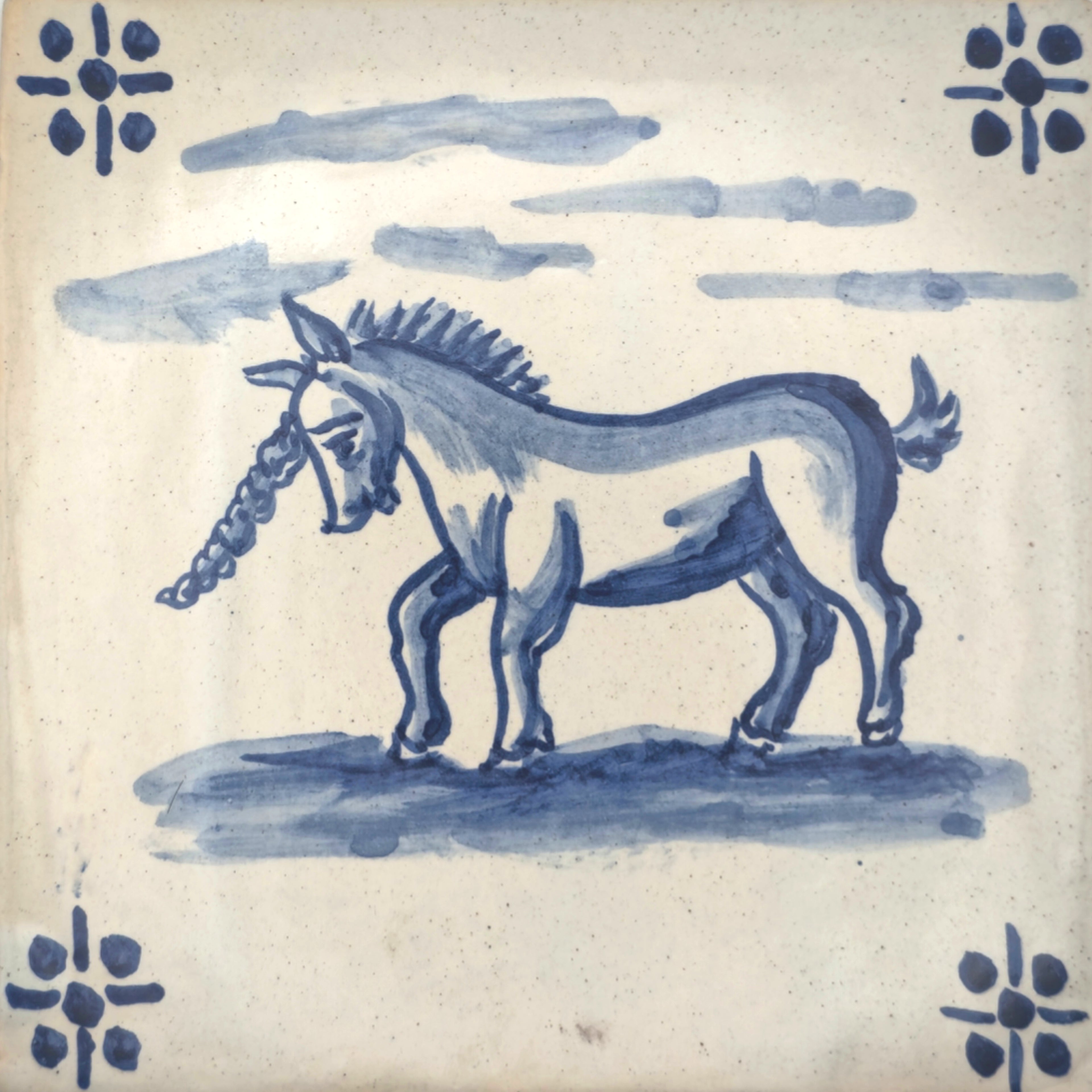 Azulejo Wandbild “Einhorn unter Wolken” – Gerahmte Portugiesische Fliese 30×30 cm