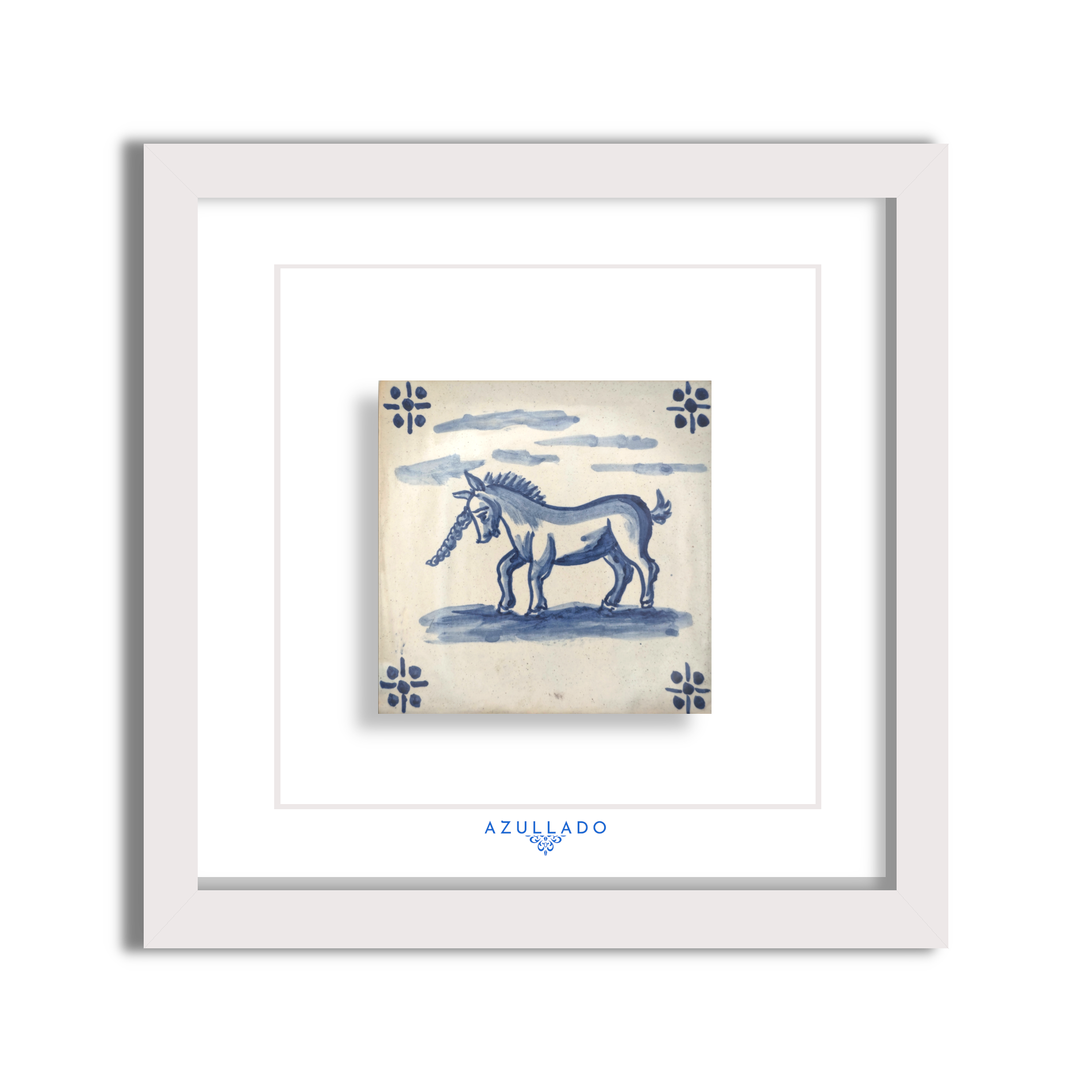 Azulejo Wandbild “Einhorn unter Wolken” – Gerahmte Portugiesische Fliese 30×30 cm
