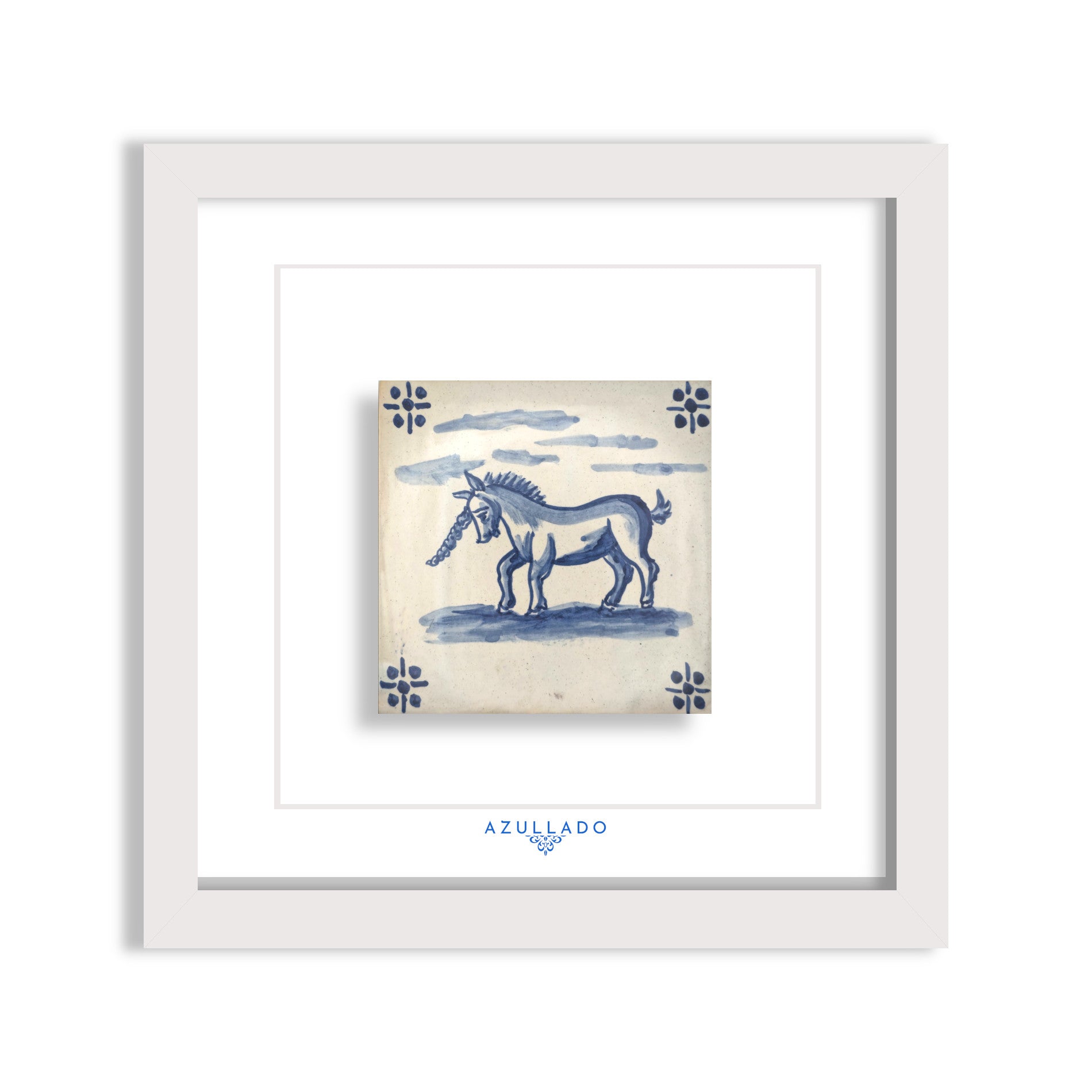 Azulejo Mural “Unicorn under Clouds” – Framed Portuguese Tile 30×30 cm