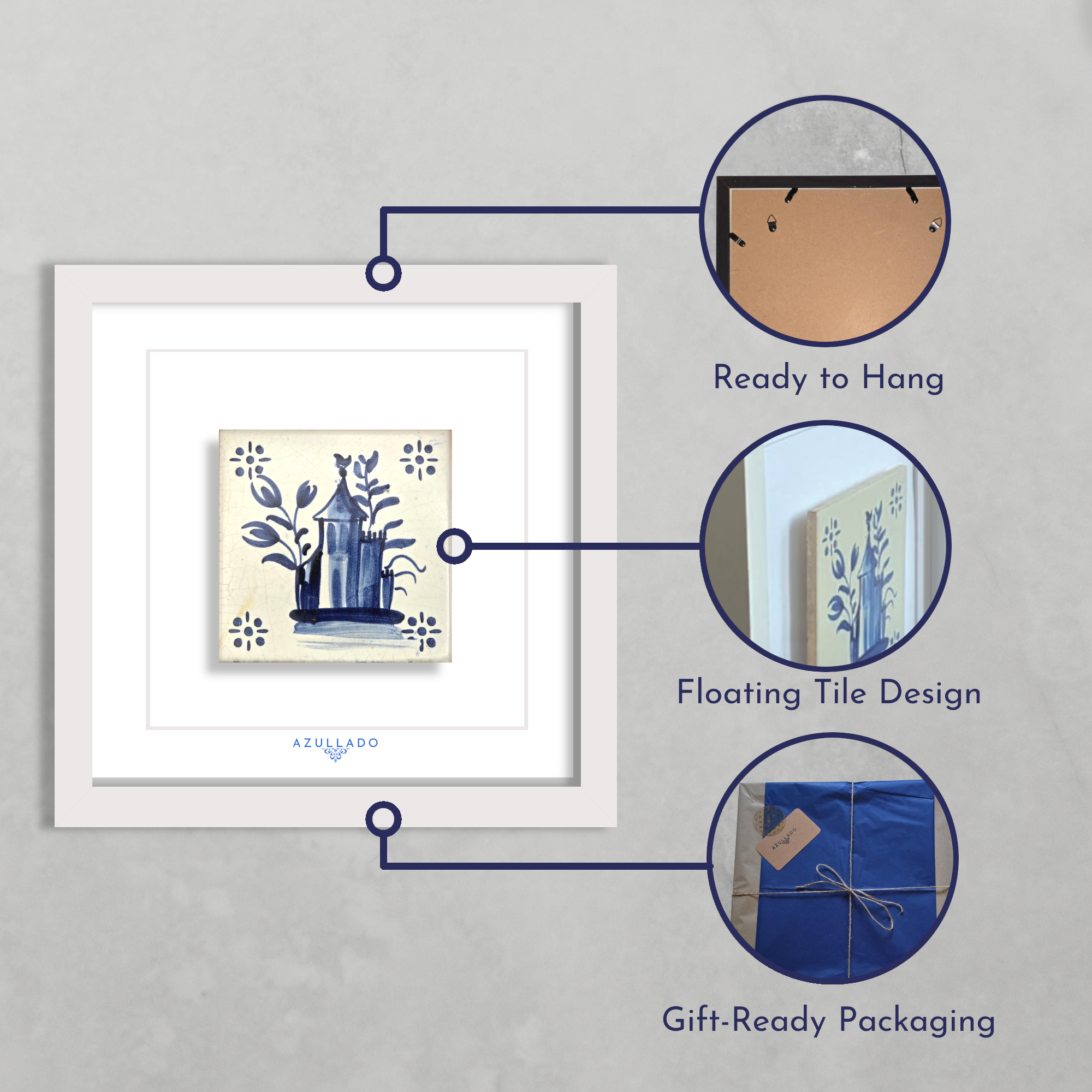 Azulejo Wandbild “3D-Würfelillusion in Blau” – Gerahmte Portugiesische Fliese 30×30 cm