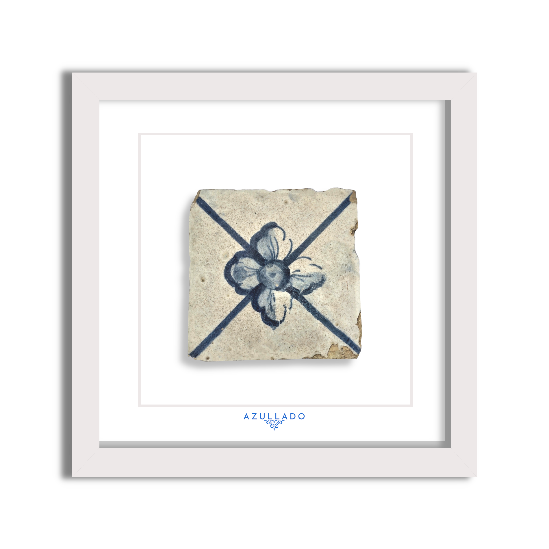 Azulejo Wandbild “Florales Kreuzmotiv” – Gerahmte Portugiesische Fliese 30×30 cm