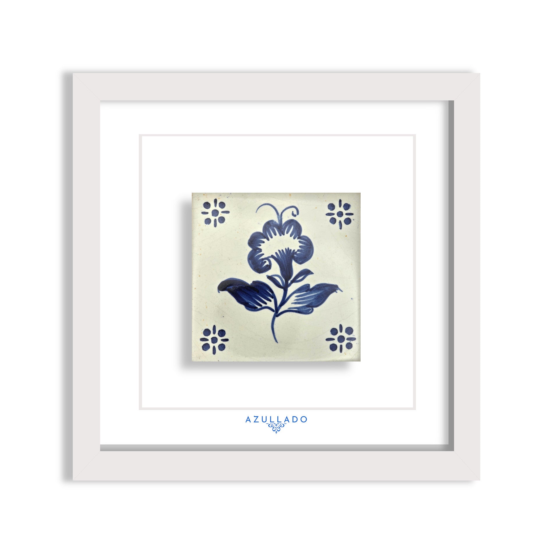 Azulejo Mural “Flower in Delft Style” – Framed Portuguese Tile 30×30 cm