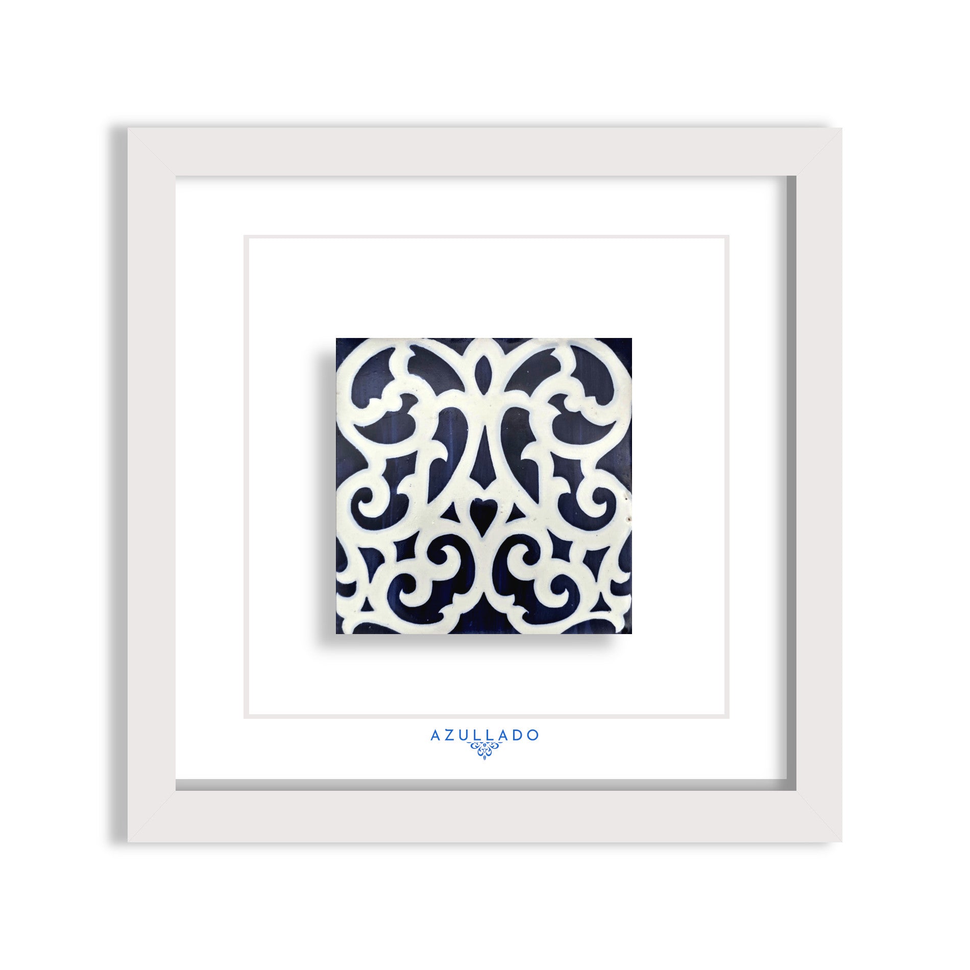 Azulejo Mural “Ornament on Cobalt Blue” – Framed Portuguese Tile 30×30 cm