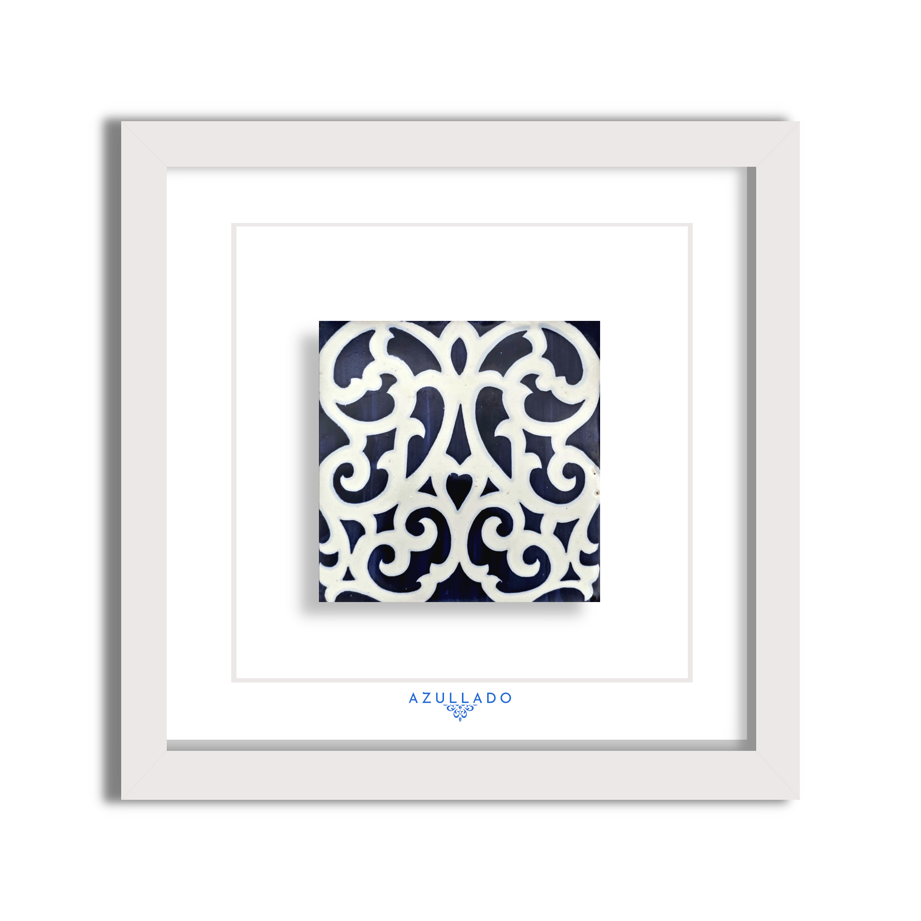Azulejo Wandbild “Ornament auf Kobaltblau” – Gerahmte Portugiesische Fliese 30×30 cm
