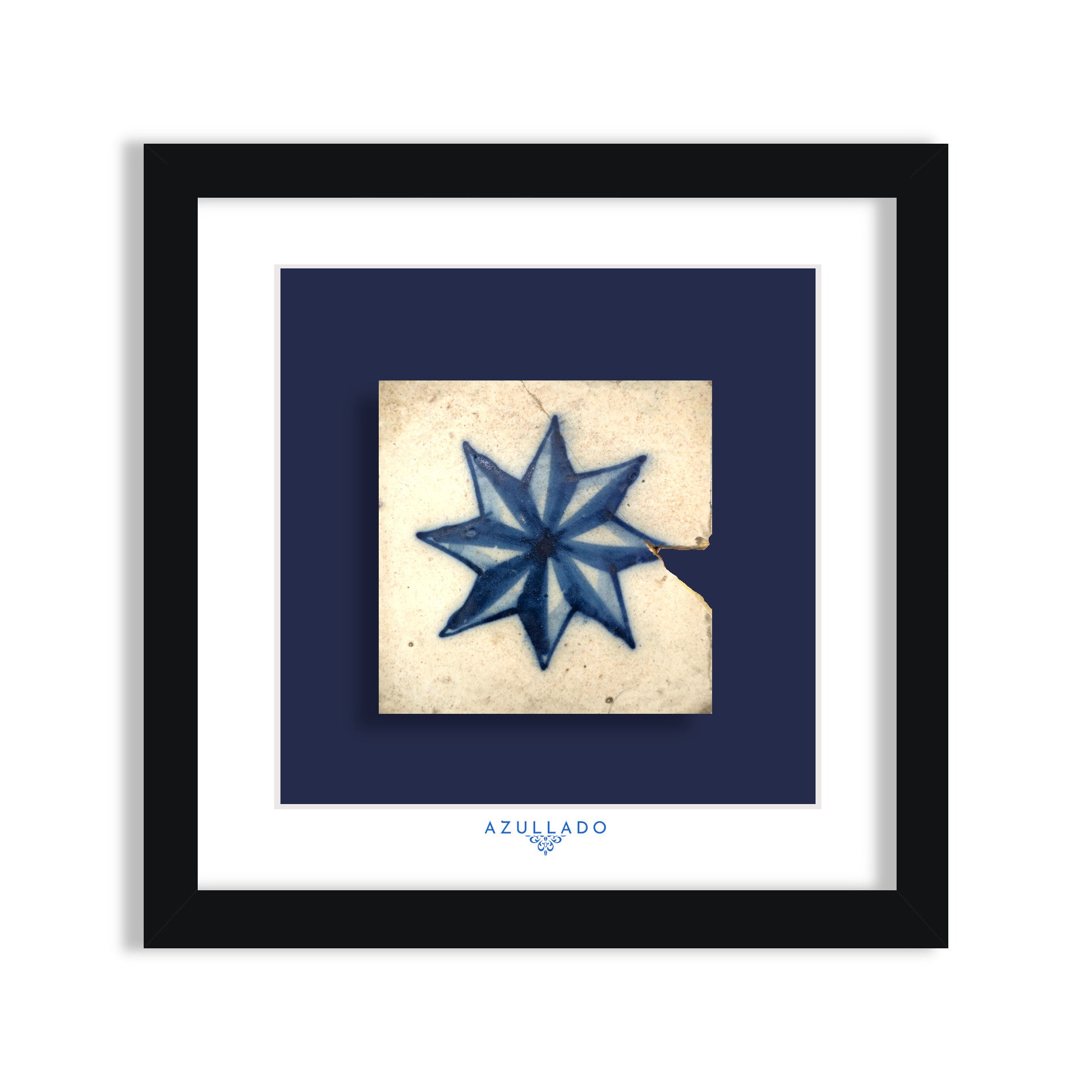 Azulejo Mural “Eight-Pointed Star” – Framed Portuguese Tile 30×30 cm