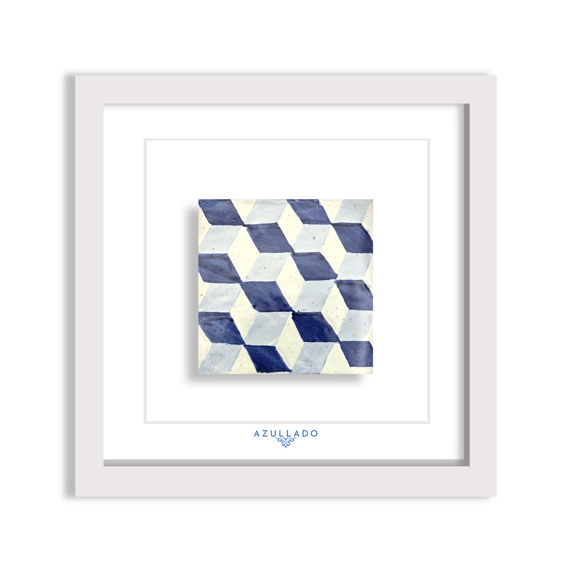 Azulejo Mural “3D Cube Illusion in Blue” – Framed Portuguese Tile 30×30 cm