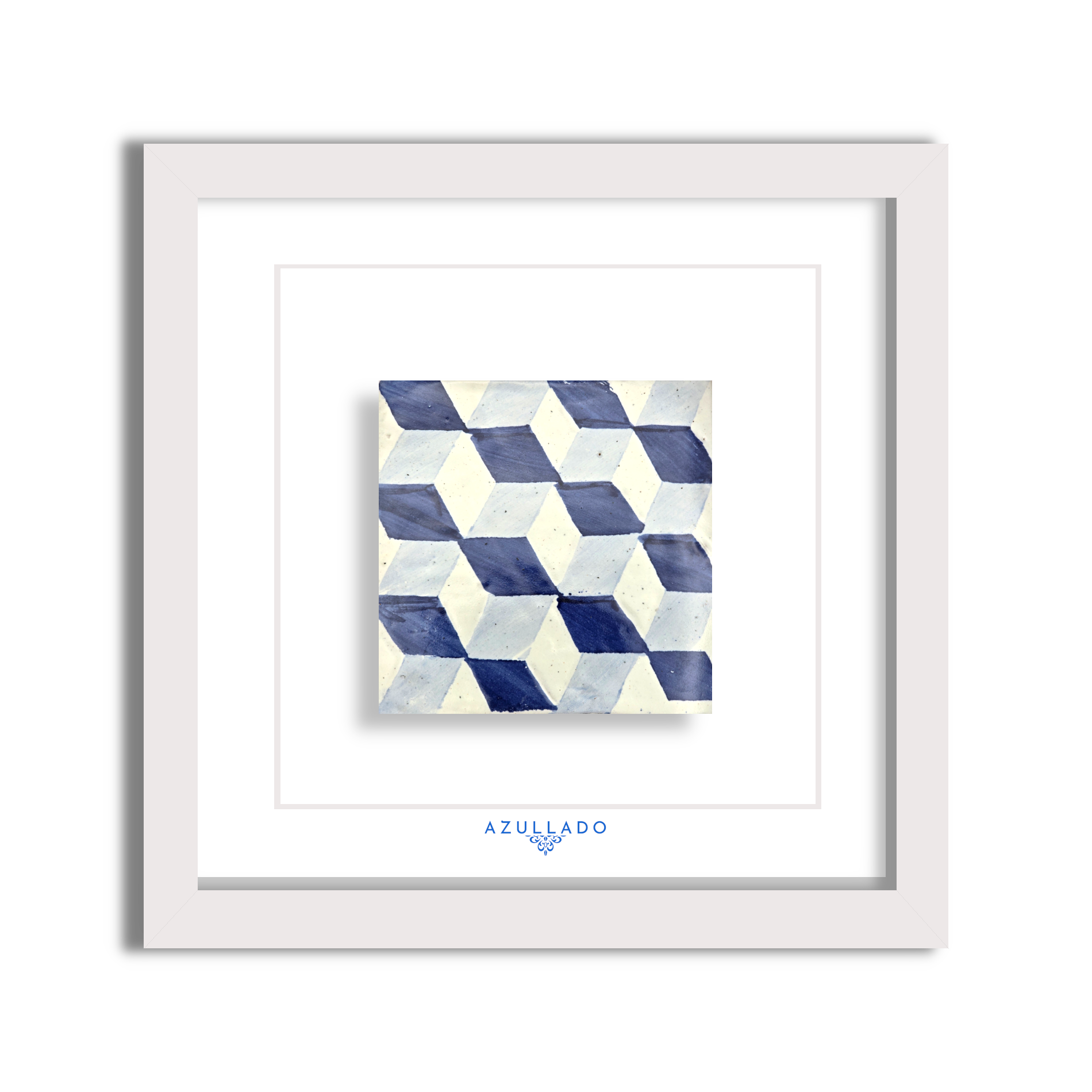 Azulejo Wandbild “3D-Würfelillusion in Blau” – Gerahmte Portugiesische Fliese 30×30 cm