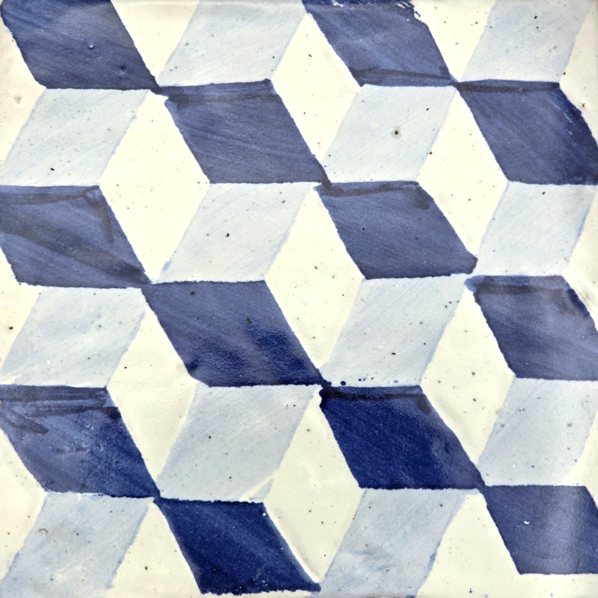Azulejo Wandbild “3D-Würfelillusion in Blau” – Gerahmte Portugiesische Fliese 30×30 cm